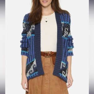 NWOT Free People Time & Again Blue Tribal Wool Blend Knit Open Cardigan XS